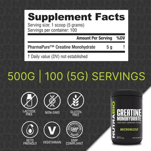001-Creatina Monohidratada 500gr 100sv - Nutrabio Sabor Sin Sabor